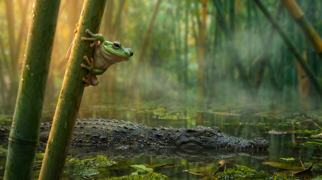 Green tree frog clinging to a wet bamboo stalk, observing a stealthy crocodile in murky water. Tense jungle wildlife scene.