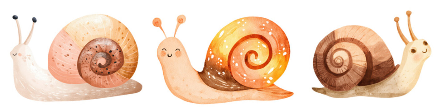 Cute watercolor snail collection with three smiling cartoon snails in warm beige and orange tones, hand painted garden mollusks with spiral shells isolated for nursery decor and playful design