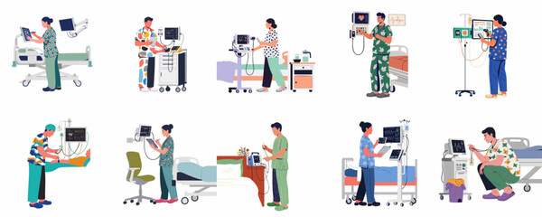Fototapeta premium Collection of diverse medical professionals in colorful scrubs working with advanced technology and equipment in a hospital or clinical setting.