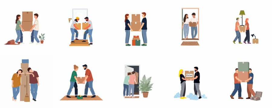 Collection of flat-style illustrations depicting various people moving house, carrying boxes, and entering their new home together.