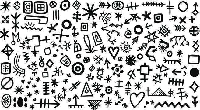A dense collection of hand drawn black symbols and abstract shapes on a white background