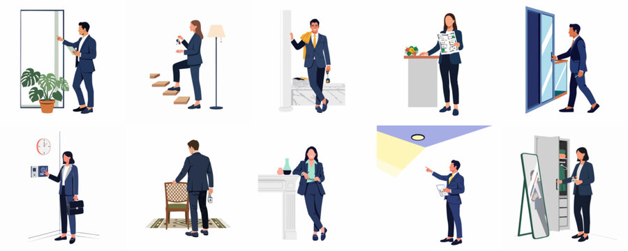 Collection of diverse real estate agents in business suits performing various property management and sales tasks in residential interiors.