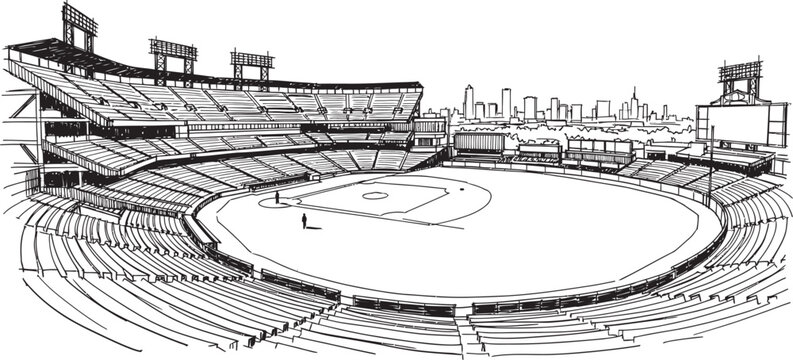 A detailed black and white sketch of a baseball stadium filled with spectators capturing the energy of the game