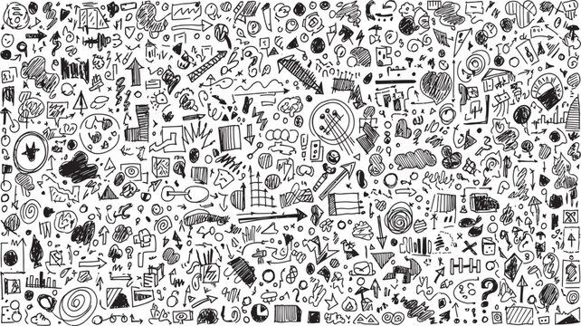Intricate black and white doodle art a dense composition of abstract shapes and objects