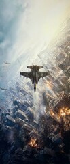 Fototapeta premium Warplanes invade urban ruins: a striking aerial view. Visual poster. Fighter jet engages in low-altitude assault over urban devastation. Epic poster. Action poster.
