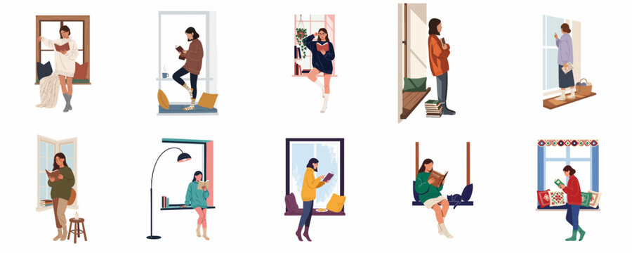 Set of Illustrations Depicting Women Reading Books and Relaxing in Cozy Indoor Settings by the Window for a Hygge Lifestyle
