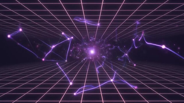 energy pulse abstract tech grid animation, glowing vector lines forming a digital network with pulsating nodes, flowing energy streams and subtle particle effects, smooth kinetic motion graphics, mode