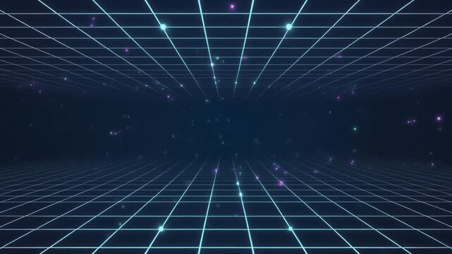 minimal abstract tech grid animation, sleek vector lines forming a moving grid with subtle glowing nodes and soft particle accents, smooth kinetic motion graphics, modern corporate tech UI style, seam