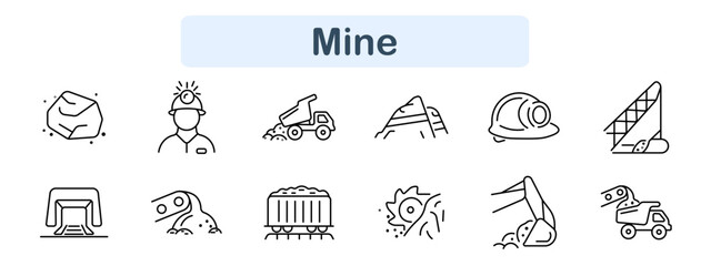 Mine set icon. Rock stone, miner helmet, dump truck, mountain, safety helmet, conveyor belt, tunnel entrance, drilling arm, ore wagon, cutting saw, excavator, hauling truck. Industry visuals © Anastasia