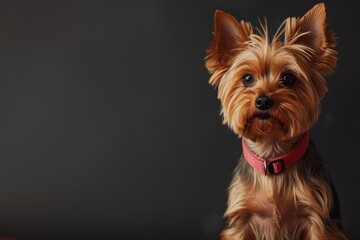 Naklejka premium Yorkshire terrier puppy wearing a pink collar posing on a dark background