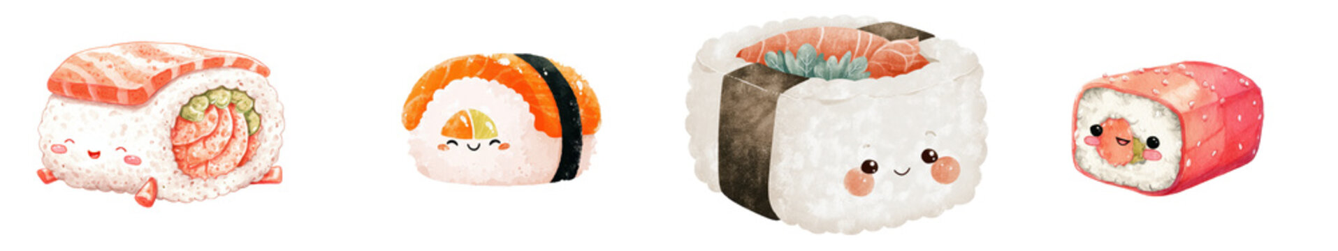 Cute kawaii sushi set illustration with smiling salmon roll nigiri maki and temari style pieces isolated on black