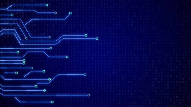 Futuristic AI Microchip Circuit Lines Loop Motion Background, Neon Blue Technology Network for Data Processing, Digital Interface, Intro, and Sci-Fi Visuals, social media design element