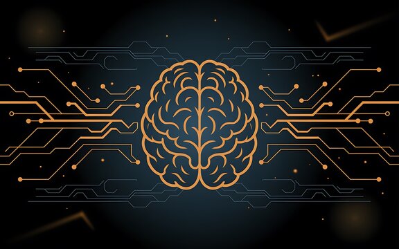 Stylized brain formed by digital circuit board patterns on dark background with glowing lights.