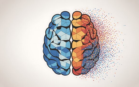 Top view of brain halves, left blue geometric, right orange dissolving into small dots.