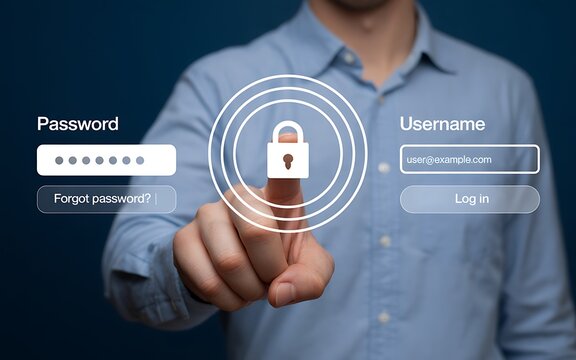 User logs in with username and password at digital interface with lock symbol, symbolizing security and access.