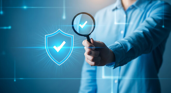 Hand Inspecting Digital Security Shield with Magnifying Glass for Data Protection and System Integrity Assurance