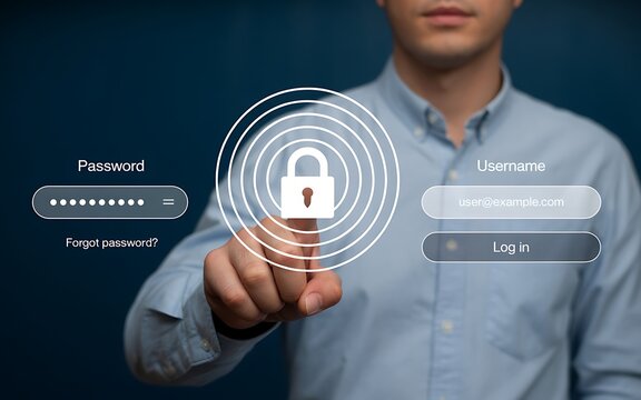 User logs in with username and password at digital interface with lock symbol, symbolizing security and access.