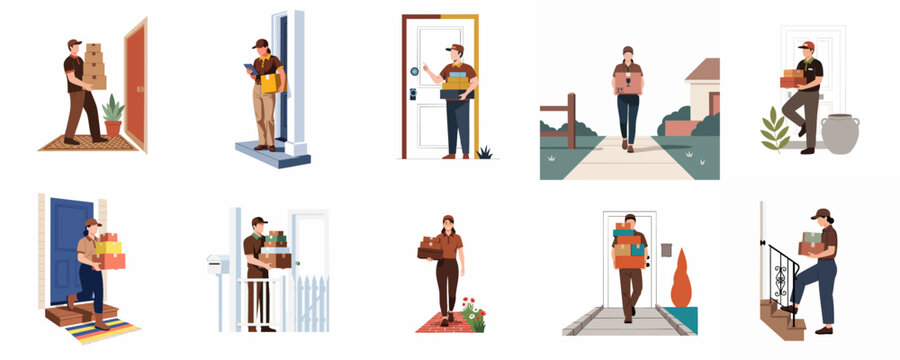Collection of professional couriers delivering packages to residential homes, flat vector illustration set of delivery service staff.