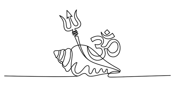 Continuous line drawing of hindu religious symbols trishula om and shankha for meditation