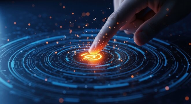 Finger activating a futuristic technology interface with glowing energy.