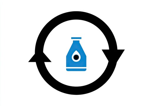 Circular flow symbol surrounds a container graphic representing liquid refreshment or recycling