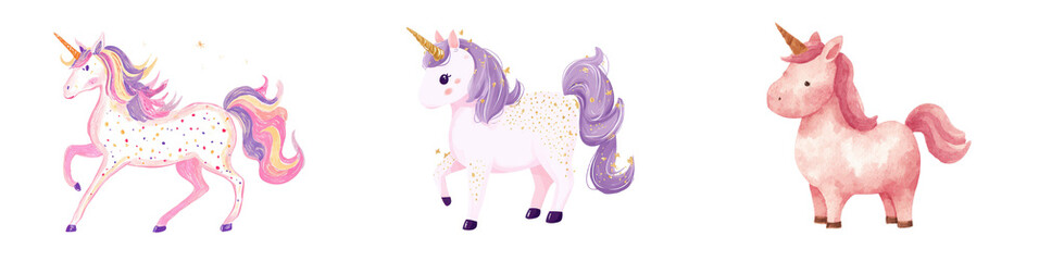 Fototapeta premium Cute watercolor unicorn collection with three pastel fantasy horses isolated on black background