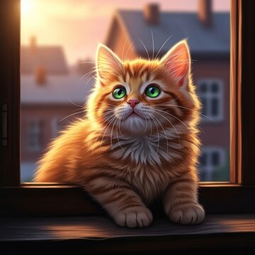 Ginger Kitten Gazing Out Window at Sunset, Digital Art.