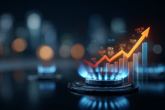The hidden fees: behind the natural gas price climb. Investment strategy. Economic pressures: dynamic image of gas burner and arrow unveiled. Growth strategy. Revenue optimization.