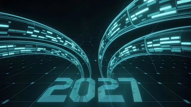 Interlocking data streams crystallizing into 2027 &ndash; Suitable for IT marketing, cyber defense themes, or innovation content