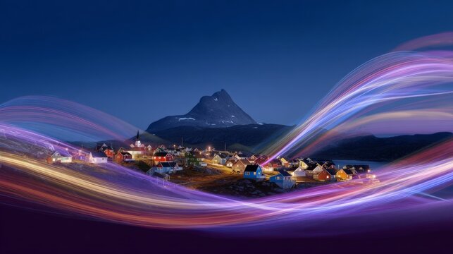 Greenland's vibrant charm: a glimpse of nuuk's colorful architecture. Data network. Gentle sunset over nuuk's colorful landscape and mountain. Wireless data. Wireless signal.