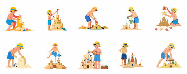 Fototapeta premium Set of flat vector illustrations featuring young boys in sun hats and blue shorts building creative sandcastles on the beach.
