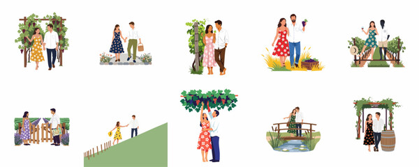 Naklejka premium Collection of romantic couple illustrations in outdoor settings like vineyards, gardens, and fields, featuring various activities like walking, picking grapes, and enjoying nature.