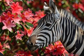 Obraz premium Zebra head showing distinctive stripes among bright pink blooming rhododendron flowers
