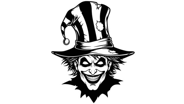 Scary Joker Face with Evil Grin and Striped Jester Hat, Black and White