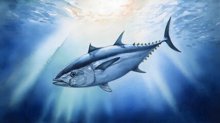 Obraz premium Bluefin tuna swim through ocean depths bathed in sunlight a vibrant marine illustration