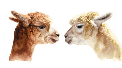 Fototapeta premium Gentle watercolor alpacas a heartwarming illustration of friendship on a clean white backdrop