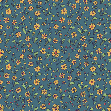Ditsy floral seamless pattern on teal background. Hand drawn vintage backdrop with tiny yellow flowers. Cottagecore texture