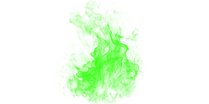 A vibrant green flame burns brightly against a dark background