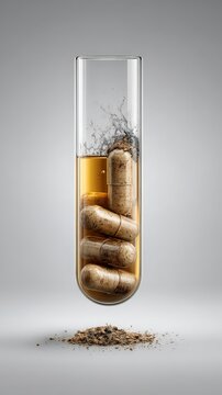 Test tube with capsules submerged in liquid, bubbles forming.