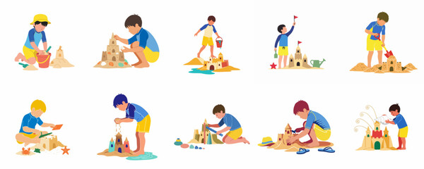Fototapeta premium Flat vector illustrations of young boys building sandcastles with buckets and shovels on a beach, representing summer fun and childhood creativity.
