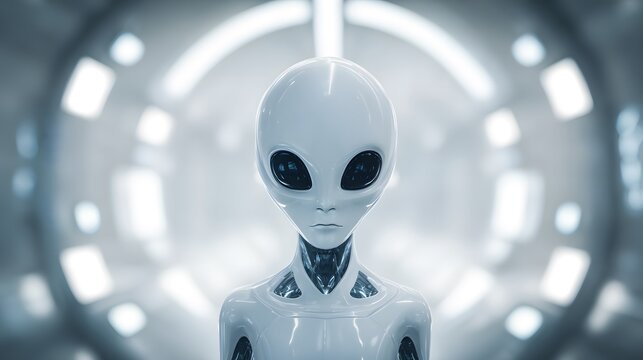 Enigmatic alien figure explores a serene futuristic world bathed in soft glowing light