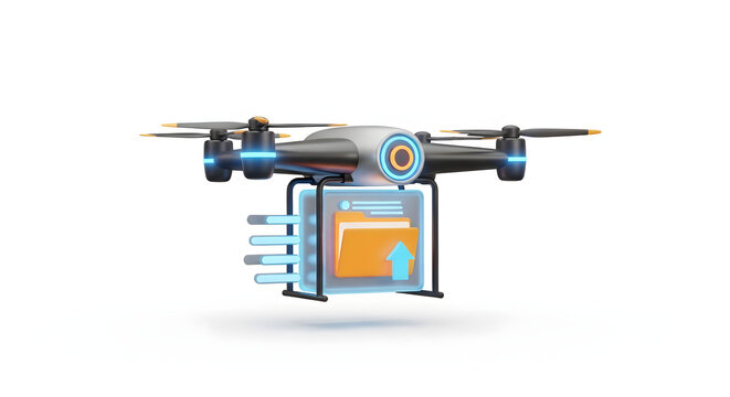 A modern drone delivering digital data, with file transfer and upload concepts