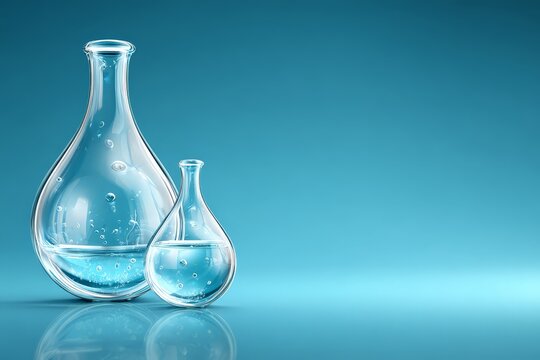 Two glass lab flasks filled with clear water on a blue background.