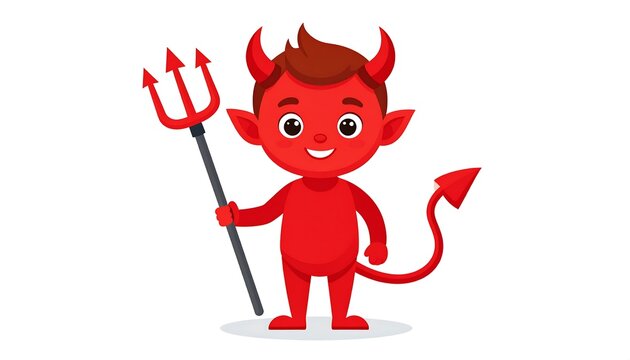 Cartoon devil child, red skin, horns, tail, holding a trident and smiling