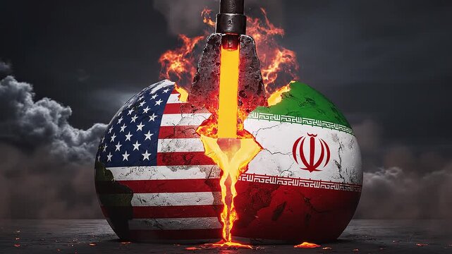 A symbolic clash between nations, fiery blade dividing unity, stormy skies above, molten cracks beneath, flags torn apart, conflict embodied in elemental power and dramatic tension.
