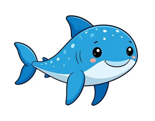 Fototapeta premium Blue cartoon shark with white spots and fins against a white backdrop
