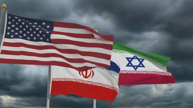 Three national flags rise against dark storm clouds, United States, Iran, and Israel, symbolizing geopolitical tension, uncertainty, and fragile alliances under a dramatic sky.