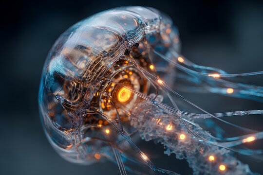 Futuristic biomechanical jellyfish with glowing orange core and fiber optic tentacles, 3D illustration