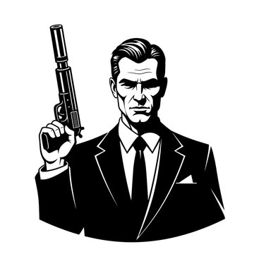 Professional Secret Agent or Spy in Elegant Suit Holding a Handgun with Silencer, Black and White Vector Illustration