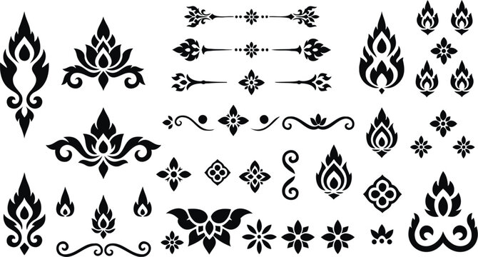 Thai decoration elements design collection featuring traditional patterns, lotus ornaments, floral symbols, elegant borders, corner motifs, and cultural decorative assets
